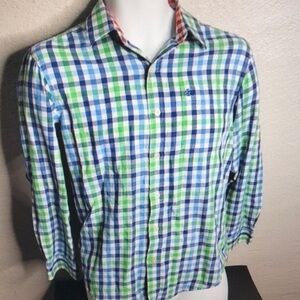 IZOD Performance Button-Down Shirt Men Size Large 14-16 Blue Green Plaid